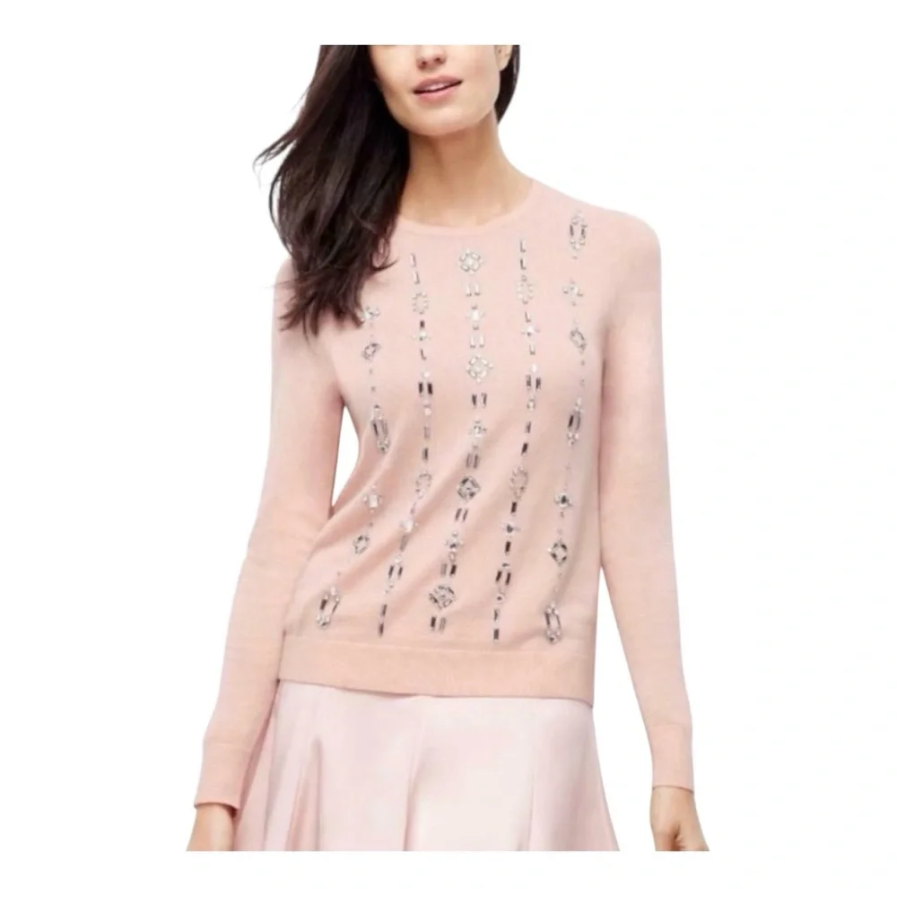 Ann Taylor Blush Pink Gemstone Embellished Wool Blend Knit Crew Neck Sweater